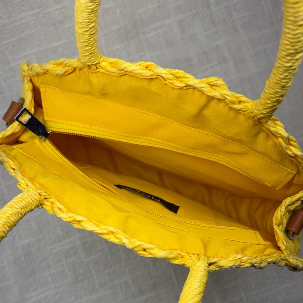 MMS Round Yellow straw Raffia Woven Handbag with zip closure and Top Handle - Picture 9 of 12